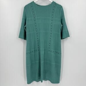 Ming Wang Women's Medium Stud Trim Tonal Stripe Knit Dress Knee Length Turquoise